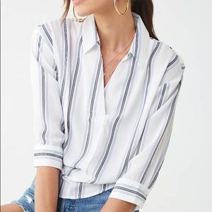 Forever 21 White, Blue, and Navy Striped Tie Back Collared Blouse Top